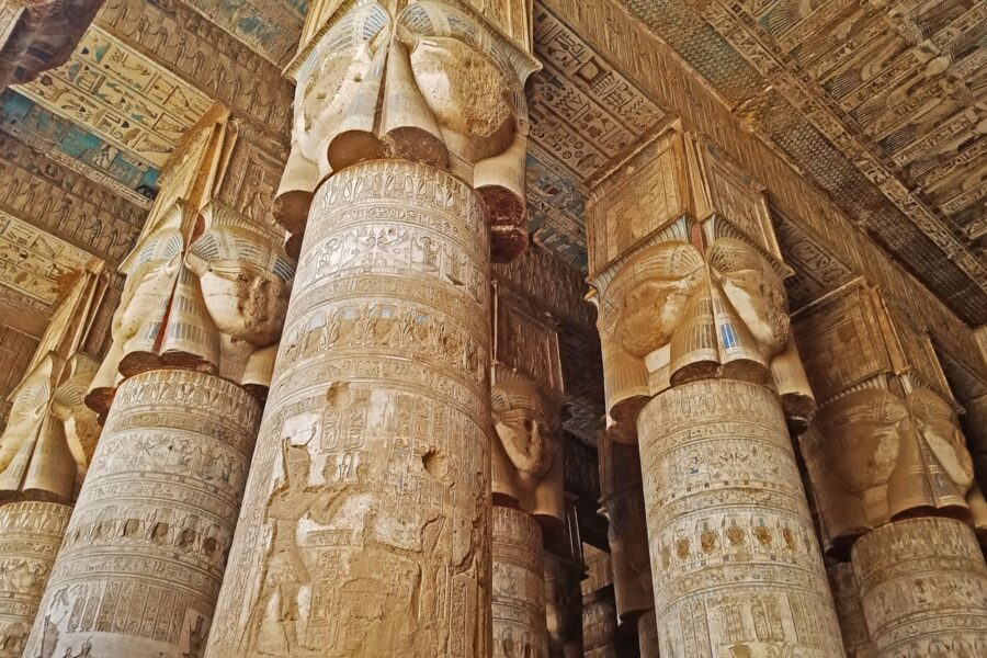 Ancient egyptian temple columns statues reliefs