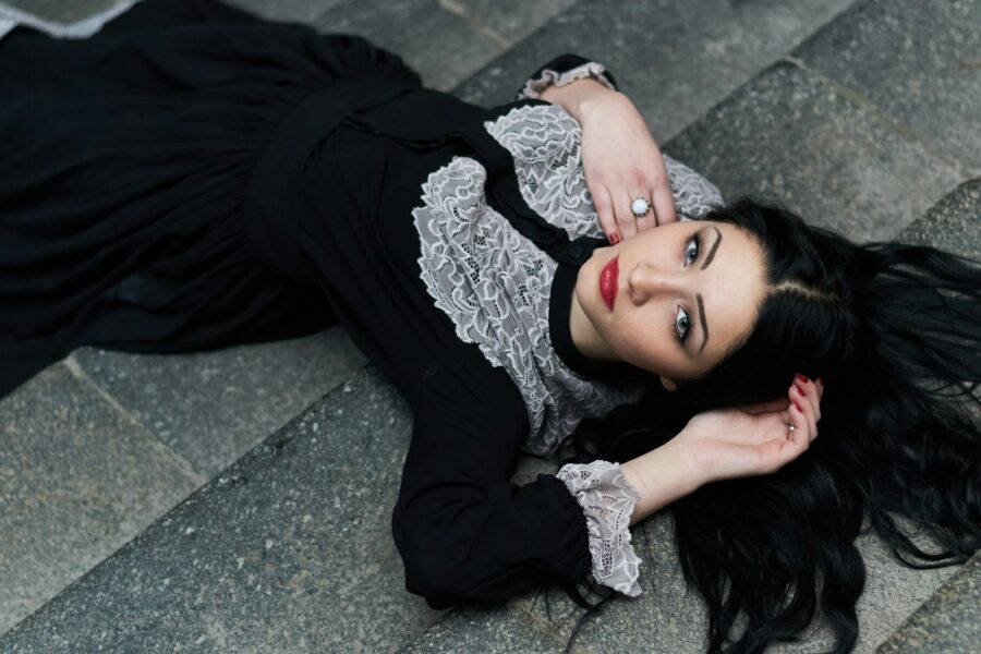 Victorian mourning dress black crepe woman portrait