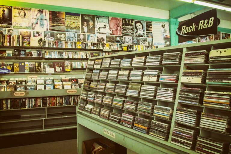 Record store interior browsing vinyl shelves