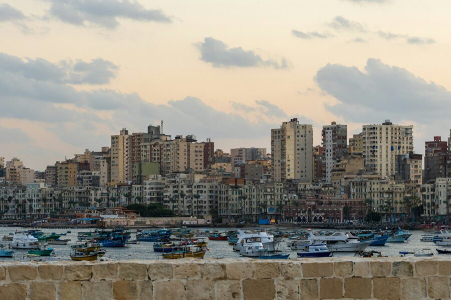 Ancient alexandria harbor sunset city ruins