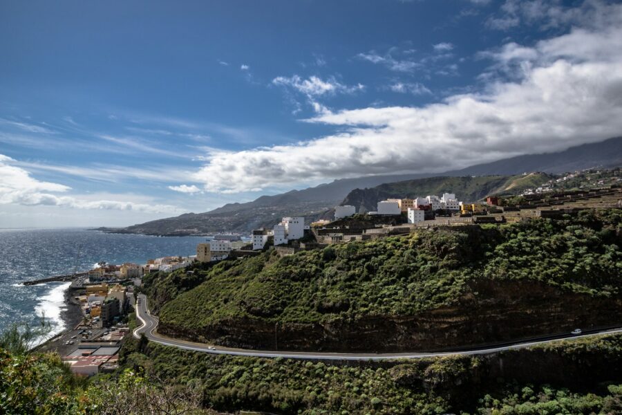 Caribbean coastal town volcano hillside