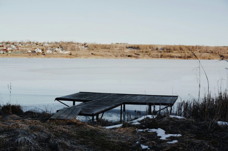 Frozen lake wooden structure winter