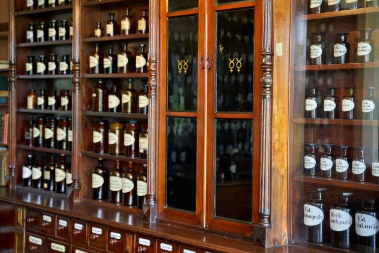 Historic pharmacy shelves glass bottles