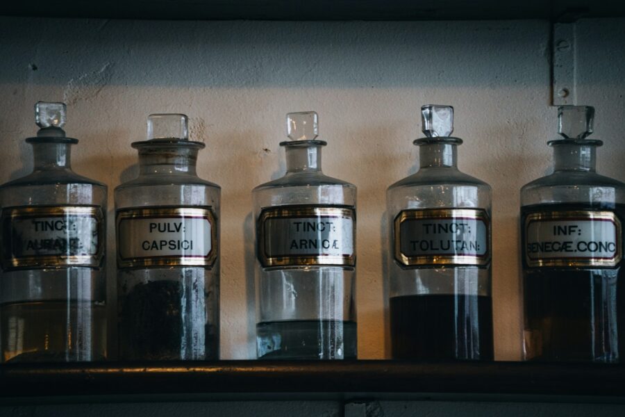 Old apothecary jars skulls