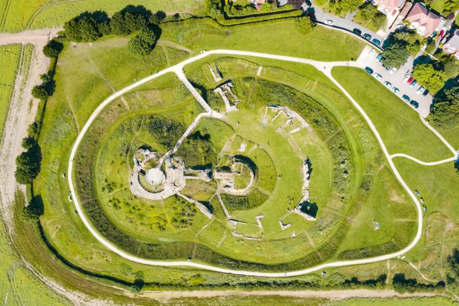 Celtic hillfort earthworks aerial view