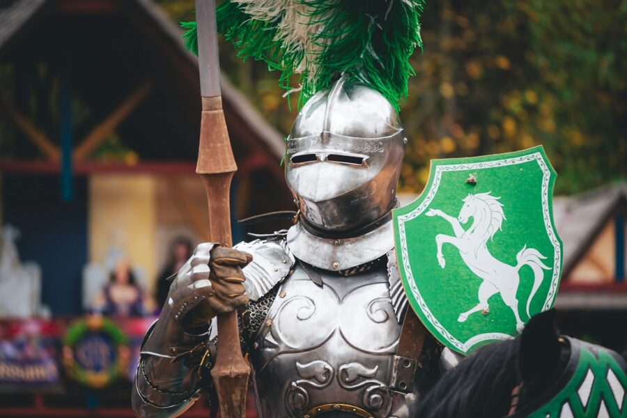 Medieval armor young woman cathedral banner