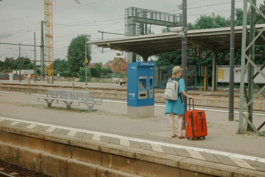 Vintage train station children suitcases