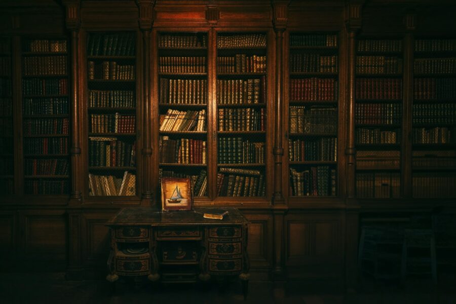 Old monastery library wooden shelves manuscripts