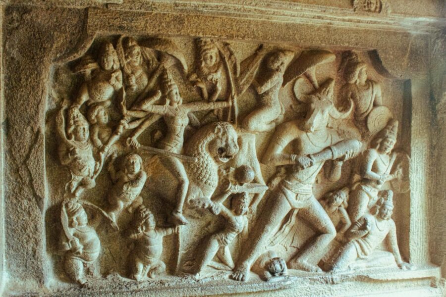 Ancient indian temple relief thunderbolt storm god